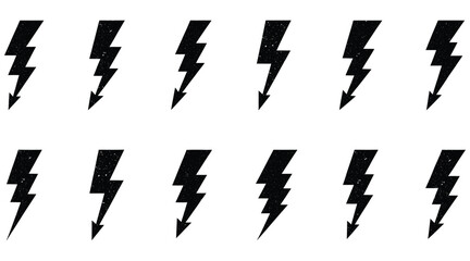 Vector art of collection of lightning bolt icons with grunge texture ideal for weather, electricity, or powerrelated designs and illustrations