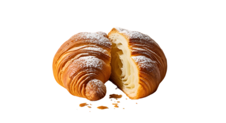 Fresh baked croissant with powdered sugar bakery pastry breakfast food delicious dessert yummy treat on transparent background