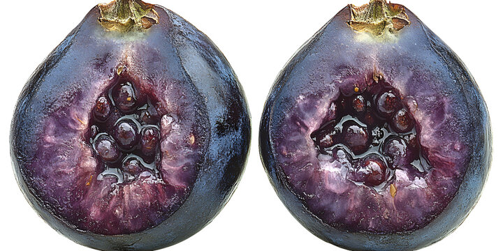 Close up of two fig halves showing seeds and textures