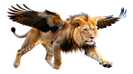 Majestic flying lion with eagle wings on a transparent background