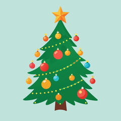 Green Christmas tree vector illustration on white, a perfect holiday decoration with star and ornament balls for new year celebration
