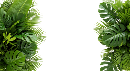 Lush green tropical leaves forming a border on a black background isolated on transparent background