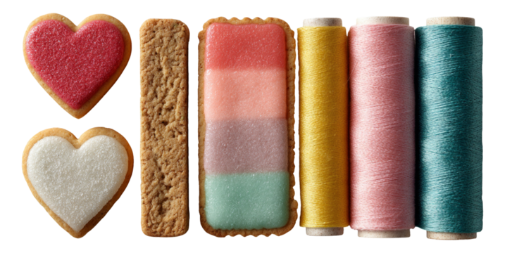 Colorful Cookies and Threads Display on Isolated Transparent Background - Powered by Adobe