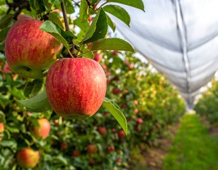 Close-up of a branch with two ripe, red and green apples, in an orchard with trees under protective netting