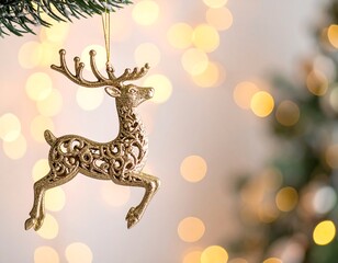 Obraz premium Close-up of a gold deer ornament suspended from a pine branch against a soft, blurred background of festive lights