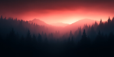 A serene forest landscape is bathed in a warm, vibrant light, creating a soft, dreamy atmosphere. The trees stand tall and majestic, silhouetted against the glowing sky.