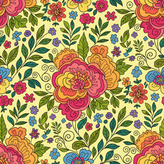 Colorful floral pattern with vibrant flowers and leaves on a light yellow background