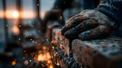 Epic close-up of a construction worker's gloved hands laying a brick onto a wall. Sparks and embers glow from the mortar bed with a dramatic sunset visible in the background.