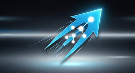 A blue arrow with a network of dots and lines pointing upwards against a metallic background.