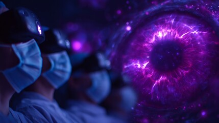 Man in medical mask using virtual reality headset exploring abstract purple portal. Immersive technology and future of digital world concept.
