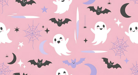 Fototapeta premium Whimsical Halloween Design: A playful collection of charming cartoon ghosts, bats, stars, cobwebs, and crescent moons adorn a soft pink canvas, perfect for the spooktacular season. 