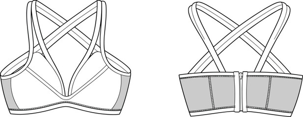 Technical sports bra front and back view with crisscross straps, contour seams, breathable panels, fashion flat vector illustration