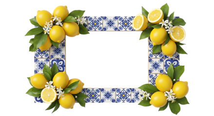Decorative square frame with lemons and blue white tiles isolated on transparent background