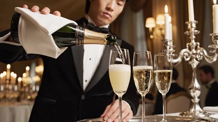 A waiter in a tuxedo pours champagne into glasses at a formal event with elegant decor and soft lighting, creating a celebratory atmosphere - Powered by Adobe