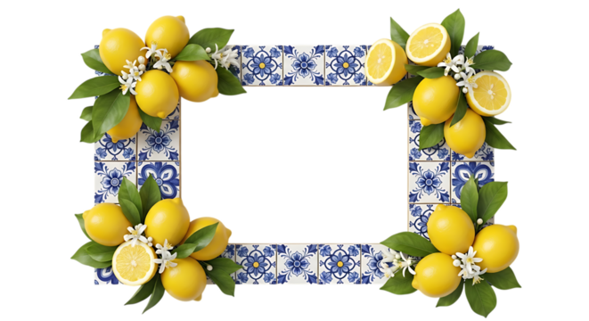 Decorative square frame with lemons and blue white tiles isolated on transparent background