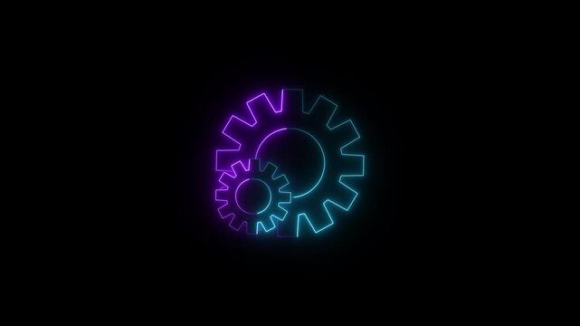 Two glowing neon gears interlock with vibrant purple and cyan light against a dark background