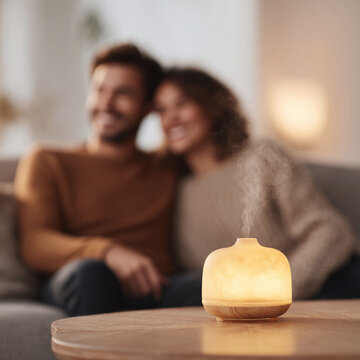 Relaxing home ambiance. Focus on an aroma diffuser, with a happy couple in the blurred background. Promotes calm, wellness, and a cozy atmosphere.