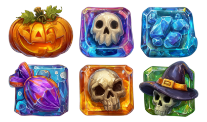 Colorful Halloween-themed Icons Featuring Pumpkin, Skull, Candy, and Witch Hat Designs