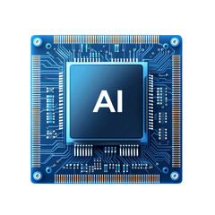 Blue AI Processor Chip Isolated on Transparent Background, Microchip, Technology, Computing, AI, Digital, Innovation, Circuitry, Processor, Artificial Intelligence