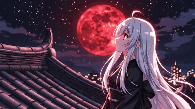 Anime girl with long white hair sitting on a rooftop under a large red moon with a city skyline in the background