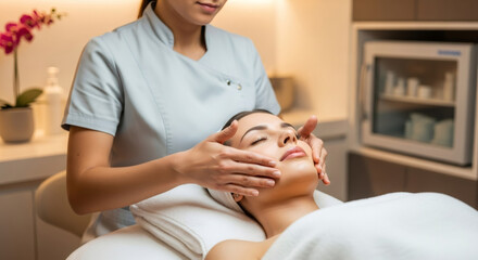 Woman receiving facial massage from cosmetologist. Skincare treatment for beauty salon. Relaxing spa procedure for healthy skin.