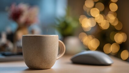 Beige mug of hot drink on a desk, blurred Christmas lights in background