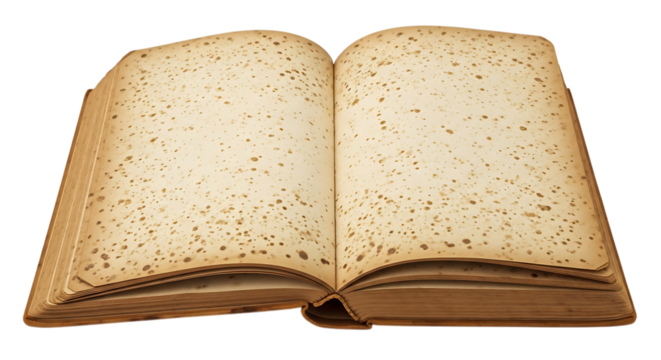 Antique open book with aged pages and ornate patterns isolated on transparent background