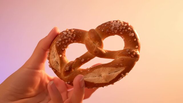 A close-up shot of a hand holding a freshly baked pretzel with coarse salt.
