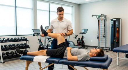 Physical therapist rehabilitating man with knee pain. Patient leg extension exercise. Physical rehabilitation clinic for recovery from injury.