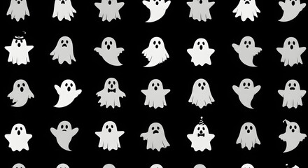 Obraz premium Spooky Specters: A haunting display of ghostly figures floats against a backdrop of darkness, creating a playful yet eerie ambiance perfect for the Halloween season.