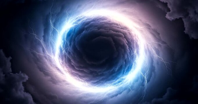 A swirling vortex of dark clouds and bright lightning strikes, creating a powerful storm portal
