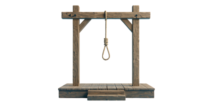 Grim Wooden Gallows with Noose, Rustic Brown, Transparent Background, Graphic Asset for Dark Themed Design