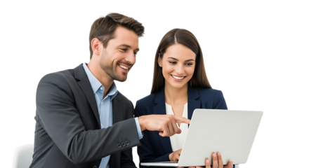 Smiling business colleagues working together on a laptop isolated on transparent background