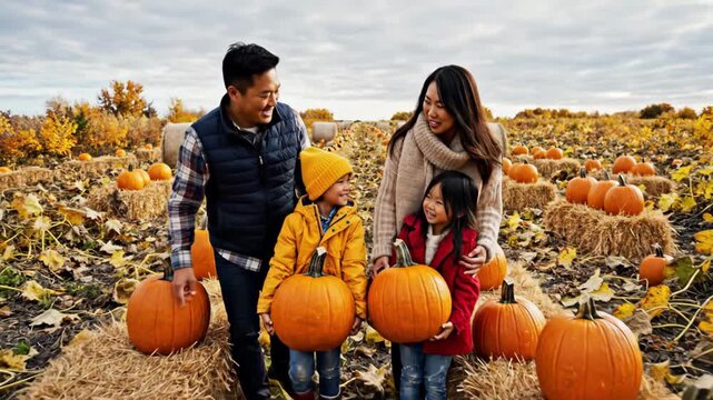 A happy asian family with two children picking pumpkins in a pumpkin patch during autumn, smiling and holding pumpkins