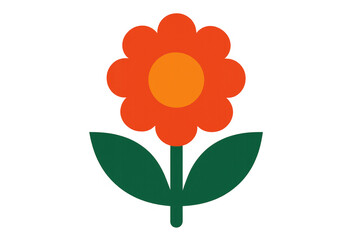 Simple orange flower illustration with green leaves, retro flat design style, transparent background