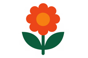 Simple orange flower illustration with green leaves, retro flat design style, transparent background