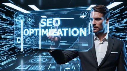 Businessman interacting with a futuristic holographic display showing seo optimization data, symbolizing digital marketing strategy and technological advancement in business - Powered by Adobe
