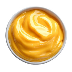 Creamy cheese sauce swirl in a white bowl, isolated on transparent background, food concept. sauce, cheese, liquid