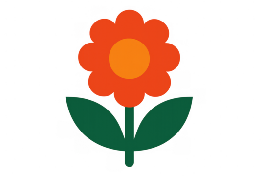 Simple orange flower illustration with green leaves, retro flat design style, transparent background