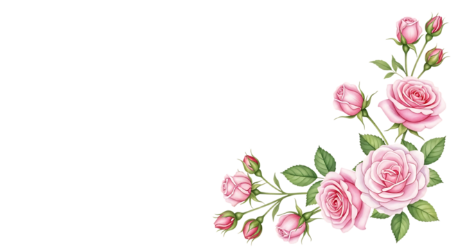 Pink roses and buds corner arrangement isolated on transparent background