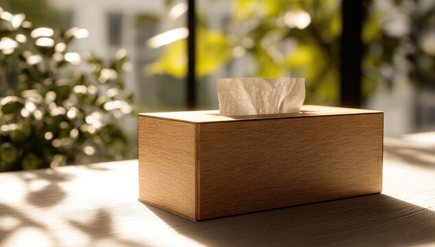 Light-tan wooden tissue box on table, sunlight