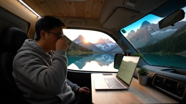 Man works on laptop inside camper van overlooking scenic mountain lake at sunset