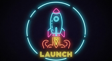 Neon rocket launch illustration on a, symbolizing a new business venture or product release with vibrant colors and modern design