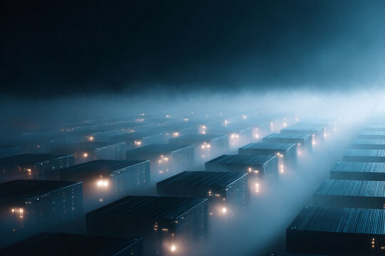 Futuristic cityscape shrouded in ethereal fog, with glowing lights. Evokes technology, data, and innovation. Ideal for backgrounds, web design, and conceptual visuals. - Powered by Adobe