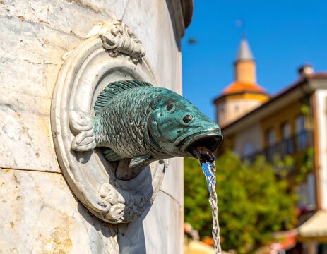 Close-up of a bronze fish sculpture spewing water, part of a marble fountain with a blurred background