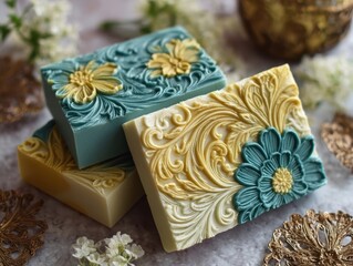 Three Artisan Soaps Handcrafted Floral Designs Aqua Yellow White Decorative Bars Bathroom Spa Product Close-up Still Life