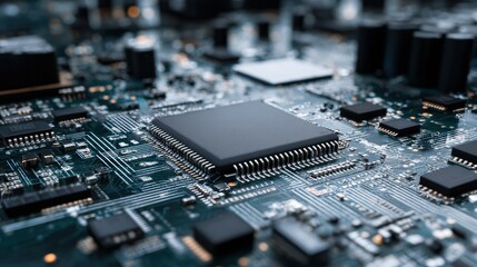 Close-up of a circuit board reveals intricate microchips and electronic parts in a high-tech environment, highlighting modern technologys complexity.