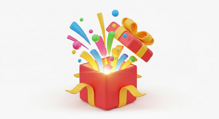 A red gift box with a yellow ribbon and colorful confetti, perfect for celebrating birthdays and special occasions with joy