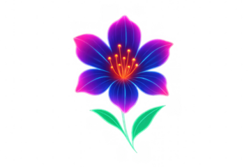 Glowing neon flower displaying vibrant blue and purple petals with shimmering pink highlights and orange stamens