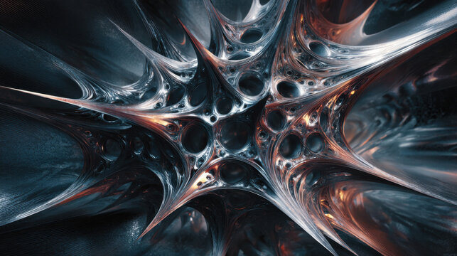 3D chrome abstract alien thorn web floating in sky, futuristic liquid metal design